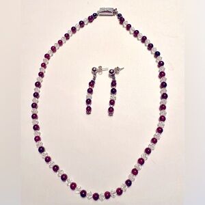 Elegant Garnet Red and White Swarovski Crystal Beads Necklace and Earring Set